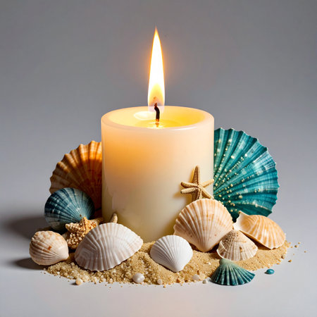 Burning candle with seashells and sand on a gray backgroundの素材