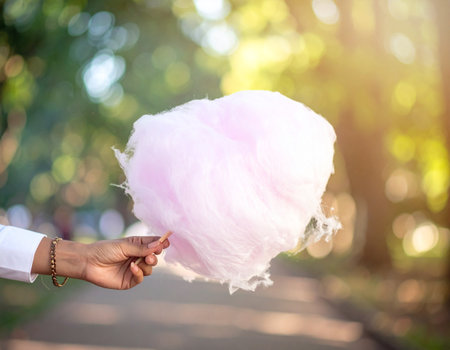 woman hand holding cotton candy in the park with green bokeh backgroundの素材