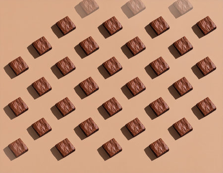 Pattern of chocolate bars on a beige background. Top view.の素材