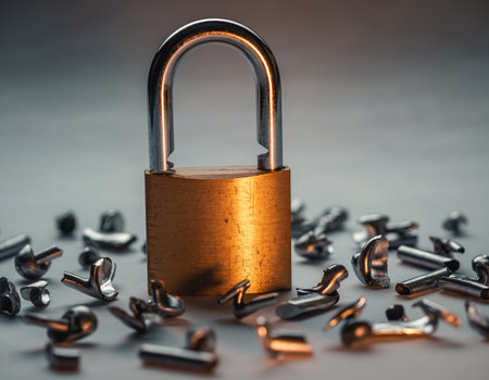 Golden padlock on a pile of metal nails on a gray backgroundの素材