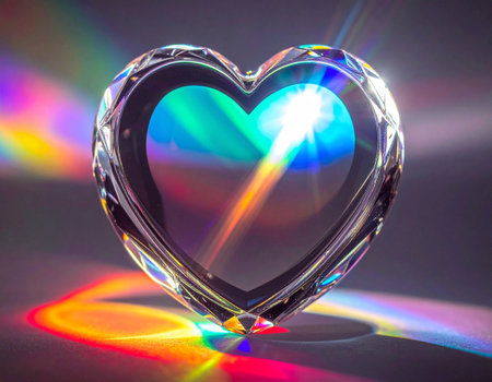 glass heart on a black background with a colored beam of light.の素材