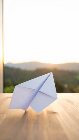Paper origami airplane on wooden table in front of sunset sky.の素材