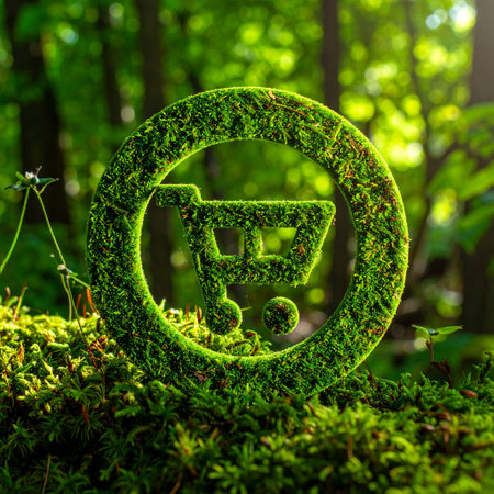 Green shopping cart sign on green moss in the forest. Eco concept.の素材