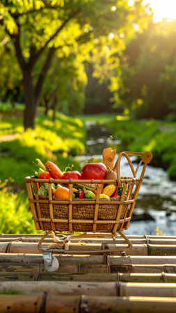 Vegetables in a basket on the background of the river.の素材