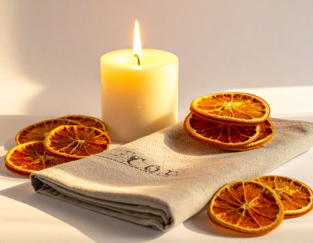 Candle and dried orange slices on a white background with a napkinの素材