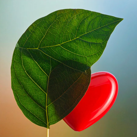 Red heart with green leaf on a blue background. 3d illustrationの素材