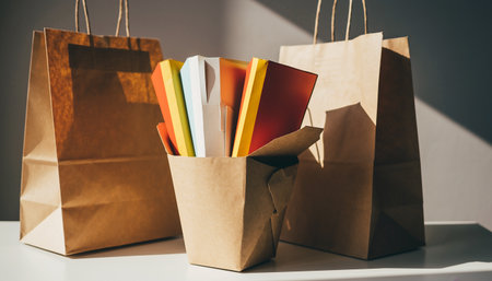 Shopping bag with colorful paper bags on white table with copy spaceの素材