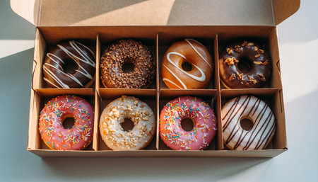 Box of assorted donuts on a white background, top view.の素材