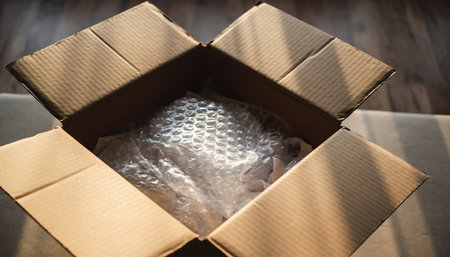 Open cardboard box with cellophane film inside. Selective focus.の素材