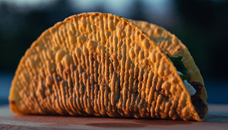 tacos with cheese on a wooden table in the evening lightの素材