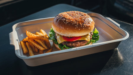 Cheese burger - American cheese burger with Golden French fries in a boxの素材