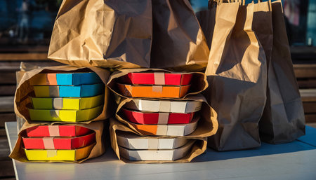 Colorful paper bags for takeaway food in a street food market.の素材