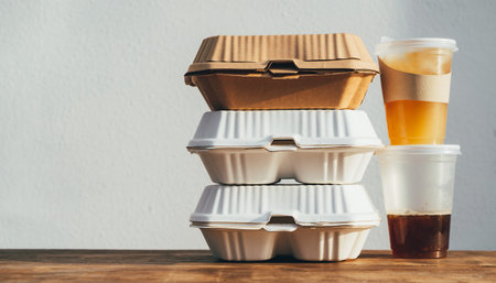 Disposable plastic food containers on wooden table and white wall backgroundの素材