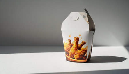 Take away chicken wings in a paper box on a light background.の素材