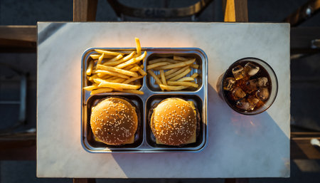 Hamburger, french fries and cola in a plastic boxの素材