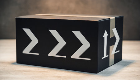 Closeup of black cardboard box with arrow sign on wooden table and concrete wall backgroundの素材