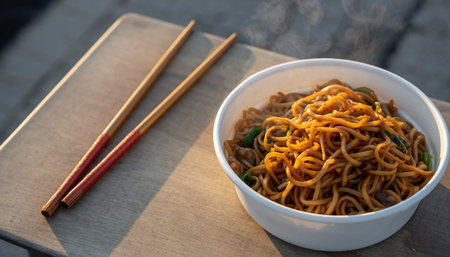Noodles in a bowl with chopsticks on a wooden tableの素材