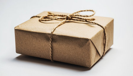 Gift box wrapped in brown paper tied with twine on white backgroundの素材