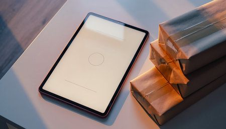 Gift box and smartphone on table in living room, stock photoの素材