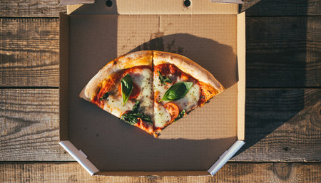 Pizza in a cardboard box on a wooden background, top viewの素材