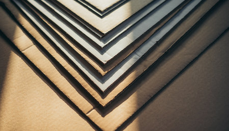 Stack of cardboard sheets in sunlight. Close-up. Selective focus.の素材