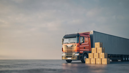 Truck with boxes on the road. Cargo transportation and logistics concept.の素材
