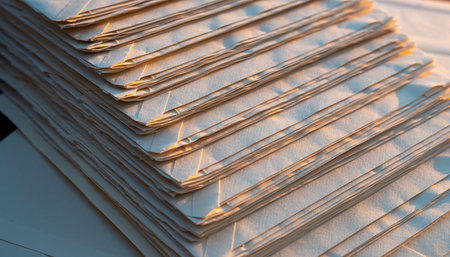 close up of stack of white sheets of paper on a wooden tableの素材