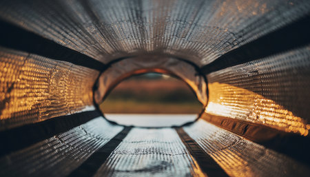 View from the bottom of a wooden bridge over the river at sunsetの素材