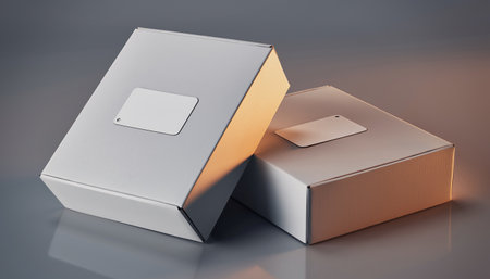 Two gold and silver boxes on a grey background. 3d renderingの素材