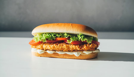 Chicken burger with tomato and lettuce on white table - Vintage Light Filterの素材
