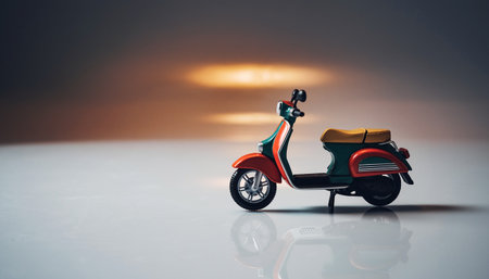 Miniature classic scooter on ice with sunset background. Transportation concept.の素材