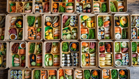Sushi and rolls in a wooden box on a wooden background.の素材