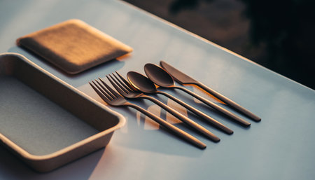 Table setting with cutlery and plates in restaurant. Selective focus.の素材