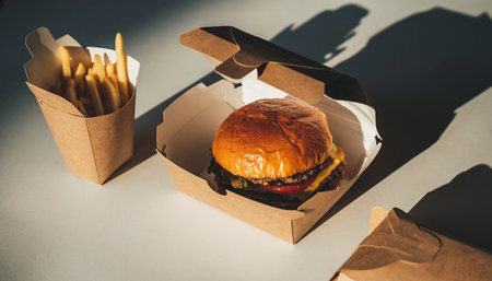Hamburger and french fries in a paper box on a gray backgroundの素材