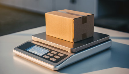 Cardboard box on electronic scales in the office. Online shopping conceptの素材