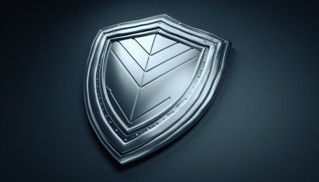 Silver shield on a dark background. 3d rendering. Computer digital drawing.の素材