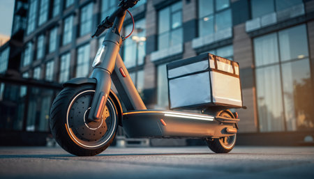 Modern electric scooter on the street in the evening. 3d renderingの素材