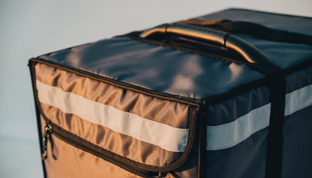 Close-up of a black leather travel bag on a white backgroundの素材