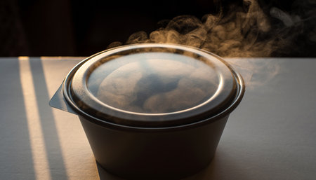 Hot coffee in a paper cup on the table. Steam from a hot drink.の素材