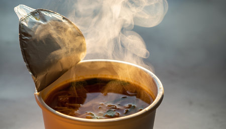 Cup of hot coffee with steam on the table, stock photoの素材