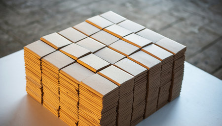 Stack of cardboard boxes on a table in a warehouse, stock photoの素材