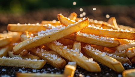 French fries with salt on the ground in the garden. Selective focus.の素材