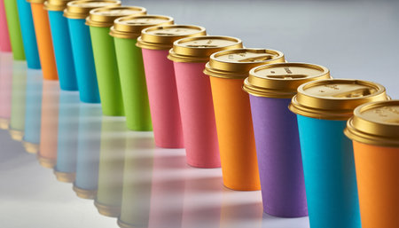 Colorful paper cups on white background. 3D render illustration.の素材