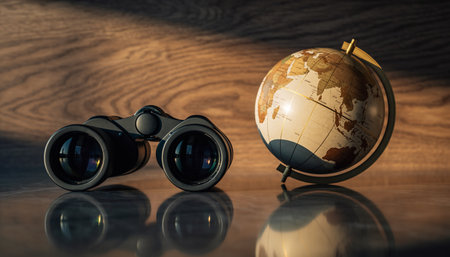 Globe and binoculars on wooden background. Travel concept.の素材