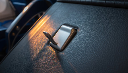 Close up of a car door handle on a black leather car interiorの素材
