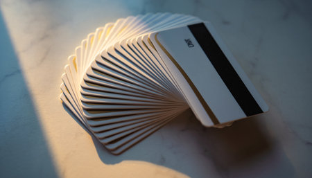 Close up of a stack of paper cards on a marble table.の素材