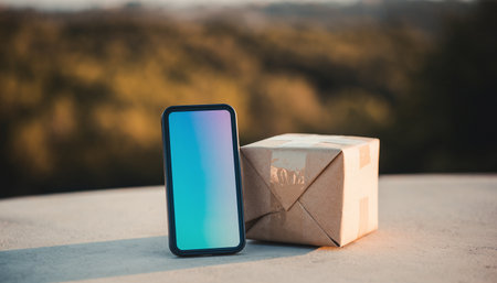 Mockup image of a mobile phone with a parcel on the background of natureの素材