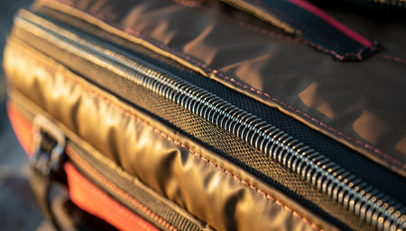 Close up of a brown leather bag. Selective focus with shallow depth of field.の素材