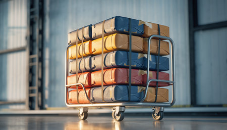 Suitcases in a trolley in the warehouse. 3d renderingの素材