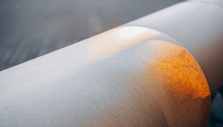 Close-up view of a rolled up plastic pipe on a construction siteの素材